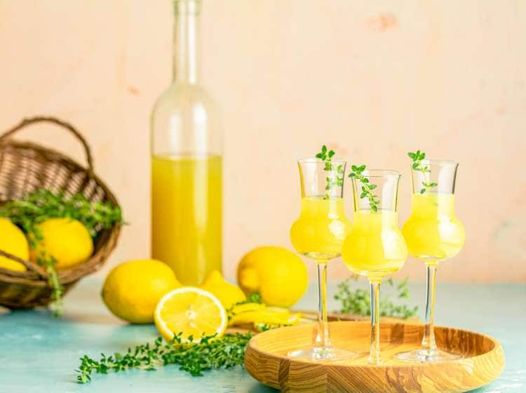 Limoncello with thyme in grappas wineglass with water drops on light concrete table. Artistic still life on light background with sunny light.