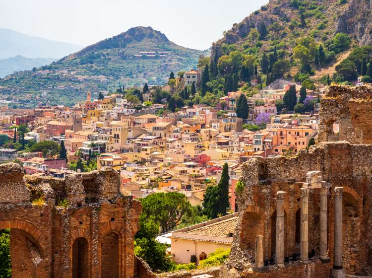 The ancient Greek Amphitheater in Taormina. Giardini-Naxos bay, Ionian sea coast, Taormina, Sicily, Italy.