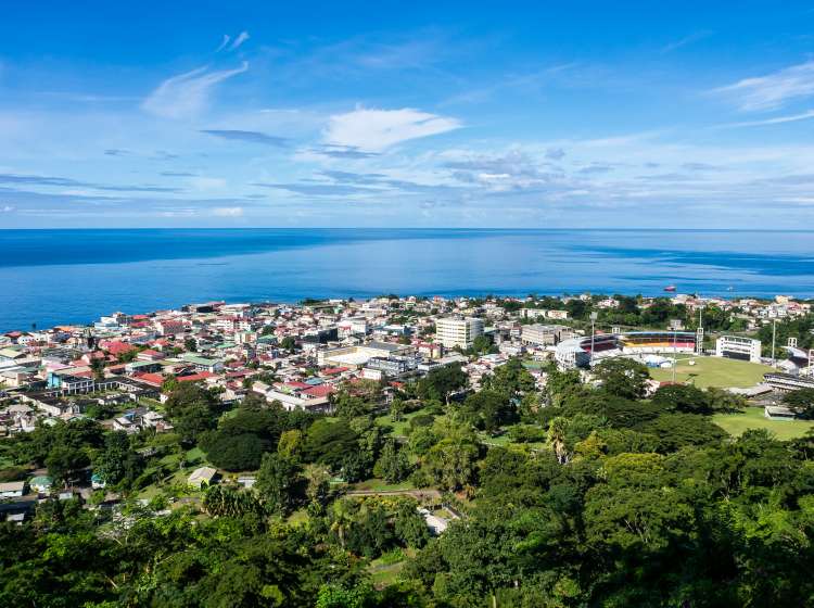 Scenic view of Roseau town and sea, Dominica island. Seen from the small mountain Morne Bruce. From the top of Morne Bruce one can enjoy a beautiful panoramic view of Roseau and western coastline