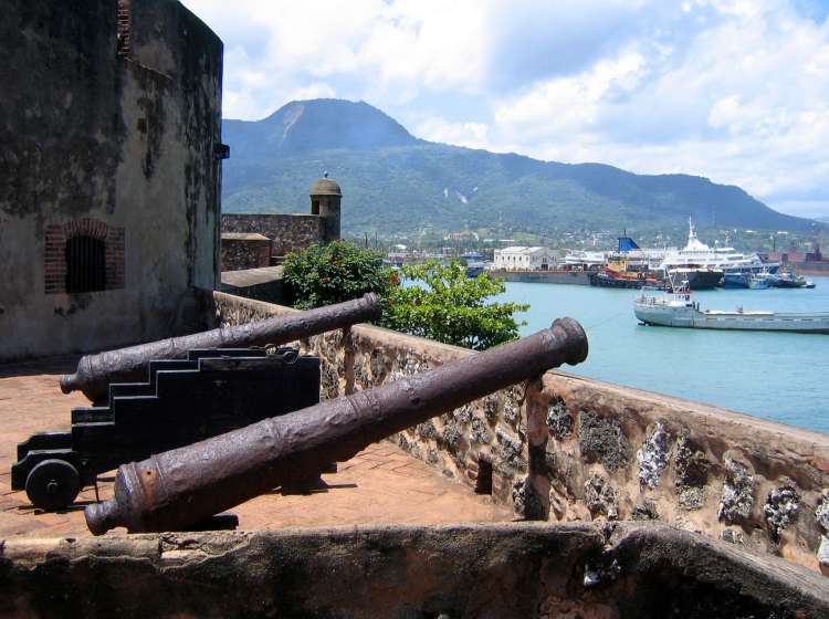 Old Cannons at San Felipe Fortress overlooking Puerto Plata Port. Dominican Republic.; Shutterstock ID 485897; Invoice Number: -