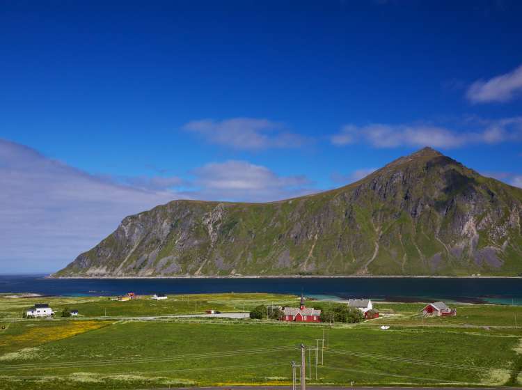 Scenic village of Flakstad with traditional norwegian church on Lofoten islands, Norway; Shutterstock ID 124080451; Invoice Number: -