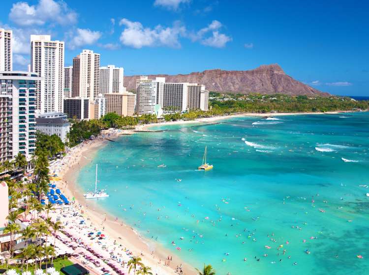 Waikiki beach resort destination and Diamond Head Crater in Honolulu, Oahu, Hawaii.