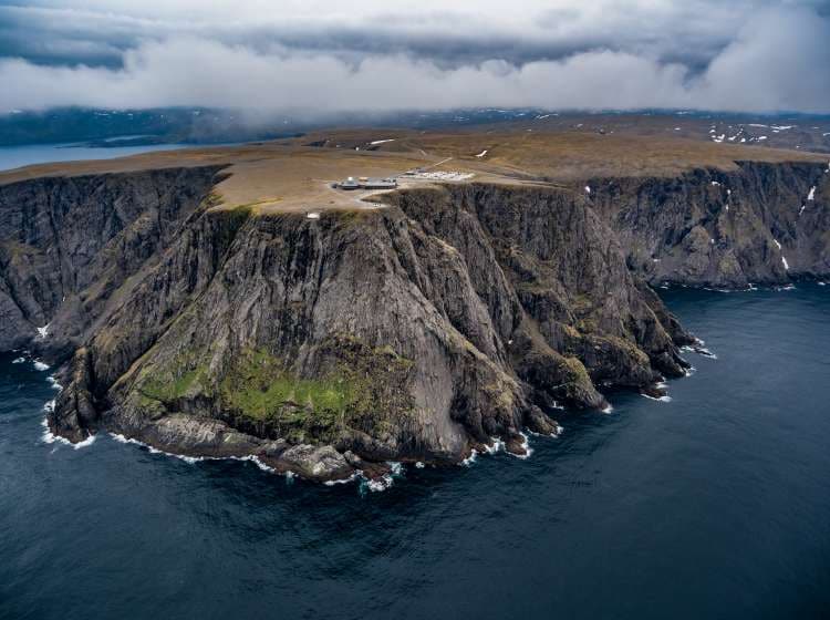 Barents Sea coast North Cape (Nordkapp) in northern Norway aerial photography.