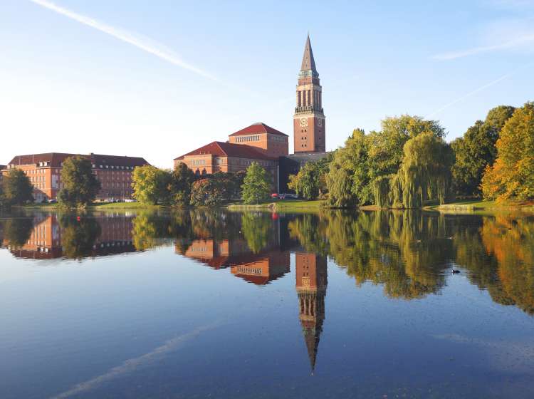 The town hall and the opera of Kiel/ Germany. In front the lake "Kleiner Kiel" XXXL size image. Image taken with Canon 5 Ds and EF 17-35 mm 2,8 USM L.