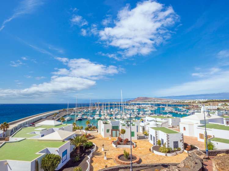 Elevated view over the new yacht harbour Marina Rubicon and Playa Blanca on Lanzarote