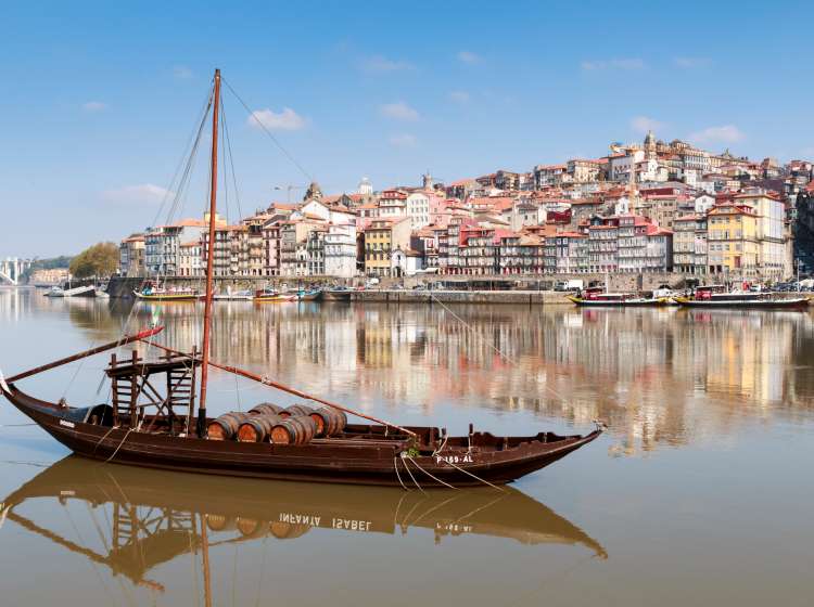 Rabelo boats moored in Douro River, Porto, Norte Region, Portugal