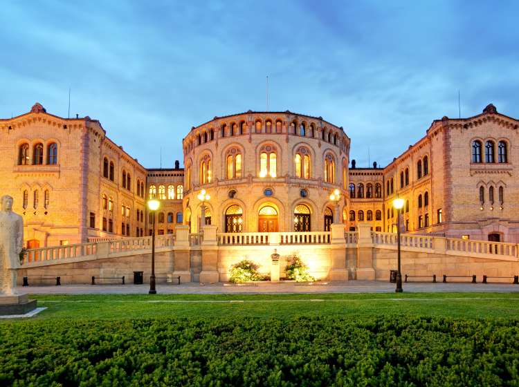 Oslo parliament - panorama at night; Shutterstock ID 205089337