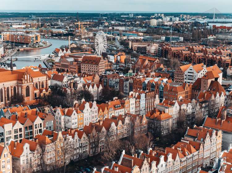 High angle view cityscape of old town of Gdansk with buildings and red rooftops