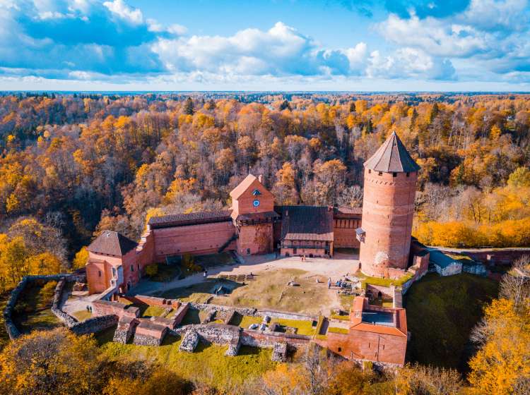 Panoramic Aerial Views of Turaida Castle, its Reconstructed Yard, Tower and Dwelling Building, Turaida, Sigulda, Latvia; Shutterstock ID 753922495; Invoice Number: -