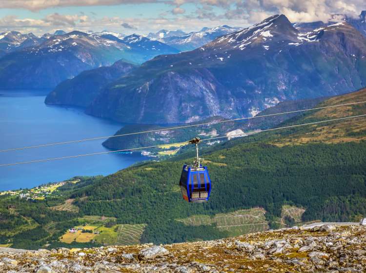 A cable car in an amazing fjord landscape in Norway in a summer day; Shutterstock ID 1264249204; Invoice Number: -