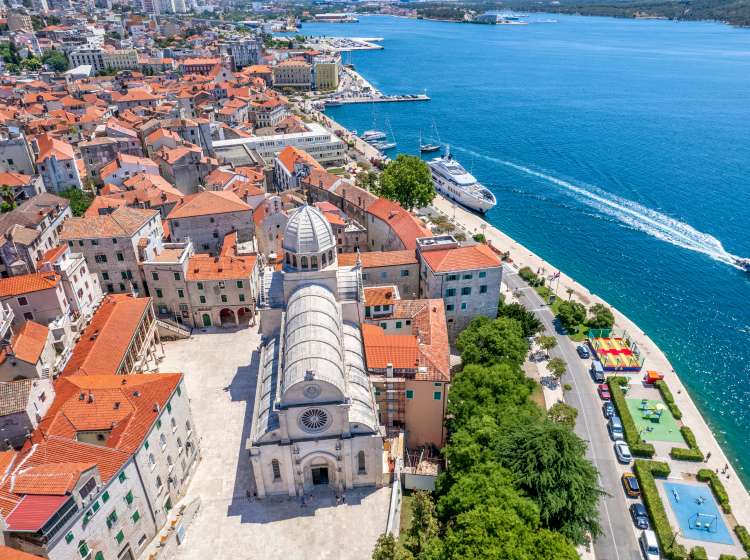 Aerial view of St. James Cathedral, a UNESCO World Heritage Site built entirely from stone, in the old town of Sibenik, one of the oldest Croatian towns on the eastern shores of the Adriatic, in Sibenik-Knin County, Croatia.