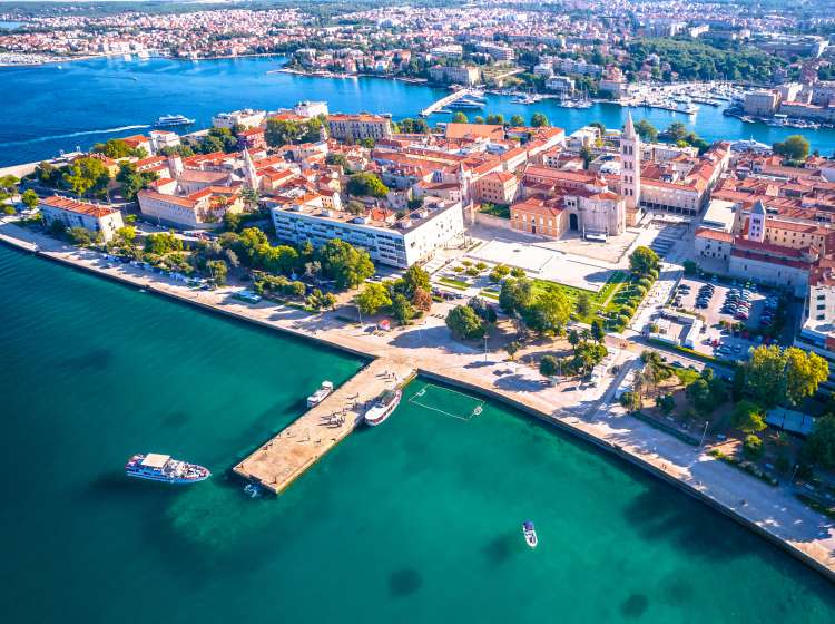 City of Zadar historic center and waterfront aerial panoramic view, tourist destination in Dalmatia region of Croatia