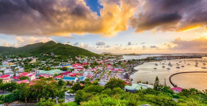 Houses and the boats in the bay in St. Maarten