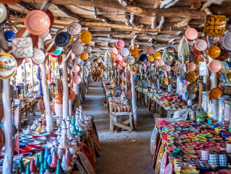 Assorted Pottery on Rows of Tables in Tangier, Morocco