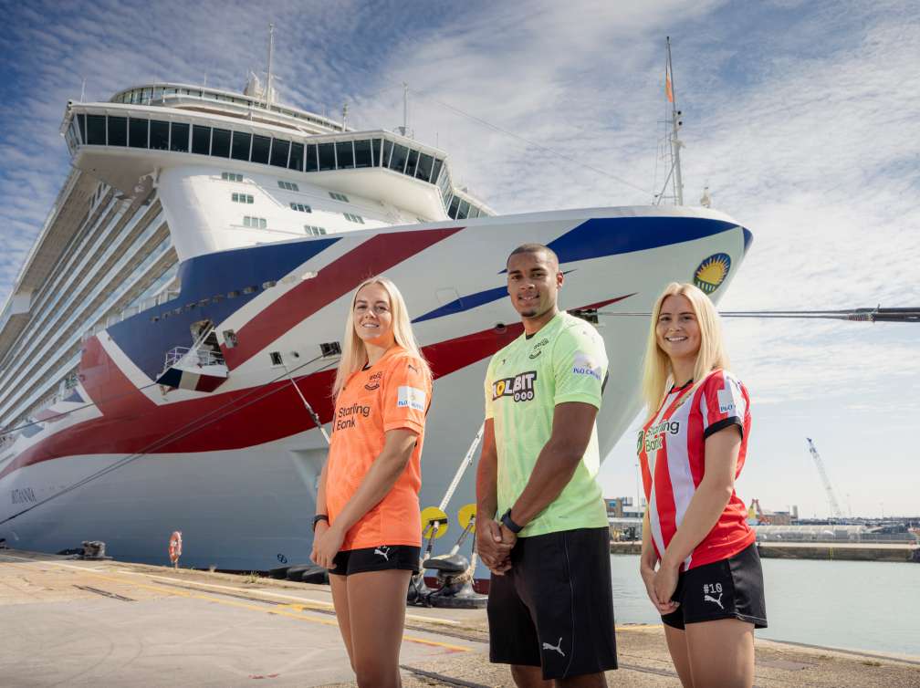 P&O Cruises three year shirt sleeve sponsorship deal launch in front of Britannia in Southampton.
Client: P&O Cruises.
Picture date: Friday August 2, 2024.
Photograph by Christopher Ison ©
07544044177
chris@christopherison.com
www.christopherison.com
IMPORTANT NOTE REGARDING IMAGE LICENCING FOR THIS PHOTOGRAPH: This image is supplied to the client under the terms previously agree. No sales are permitted unless expressly agreed in writing by the photographer. Image licence is for below the line only. No out of home use without acquiring an extended image licence.