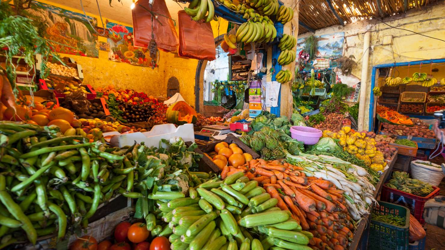 Essaouira, Morocco. Vegetable stall in the covered market.