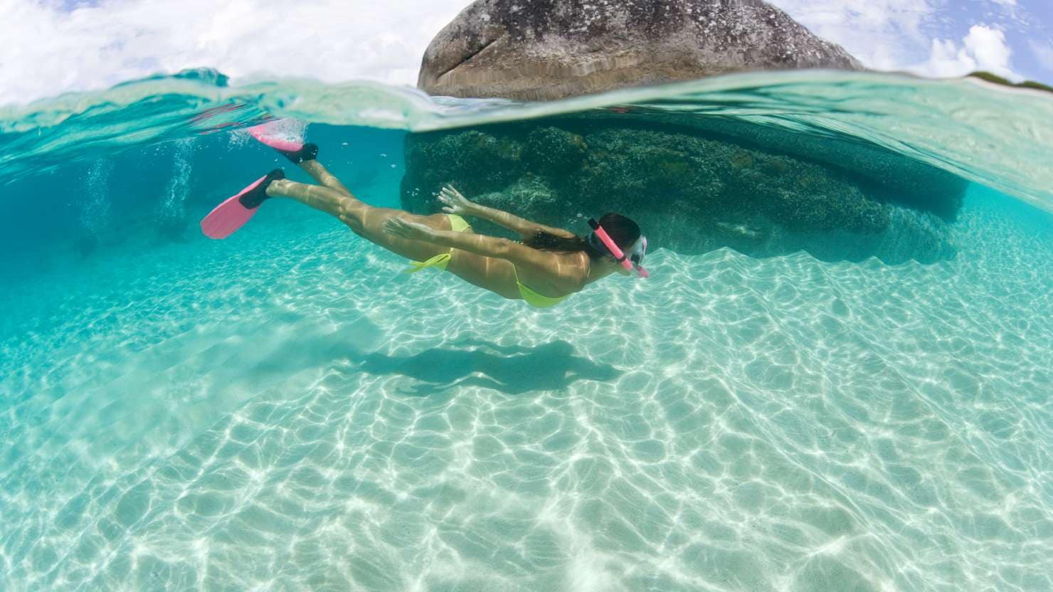 woman free diving in turquoise caribbean waters  under / over splitview