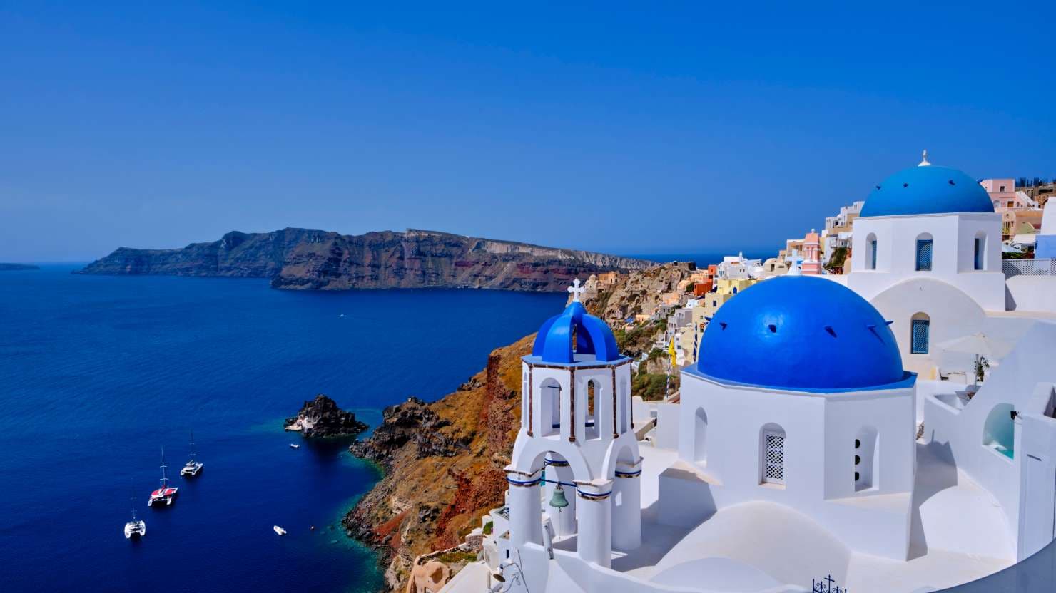 Greece, Cyclades, Santorini island, oia (Ia) village, blue orthodox church