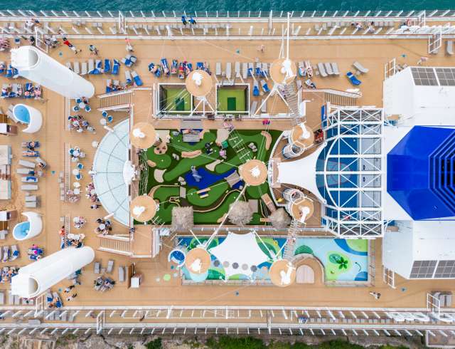 Aerial view of altitude high ropes and mini golf course on board Arvia