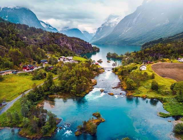 Beautiful Nature Norway natural landscape aerial photography. lovatnet lake.