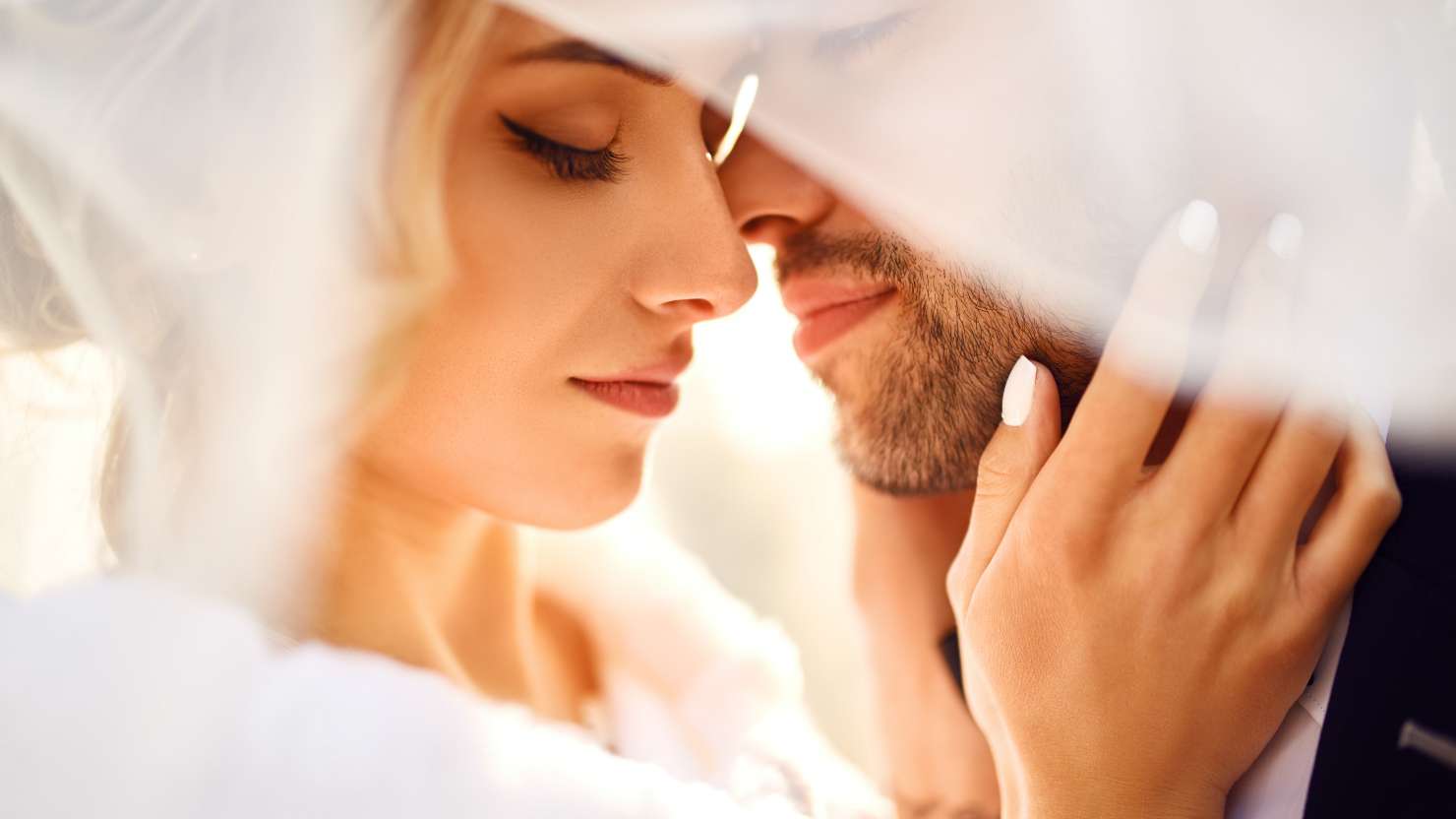 young and beautiful bride and groom enjoy each other.  in the shadow of a flying veil. nice wedding day 