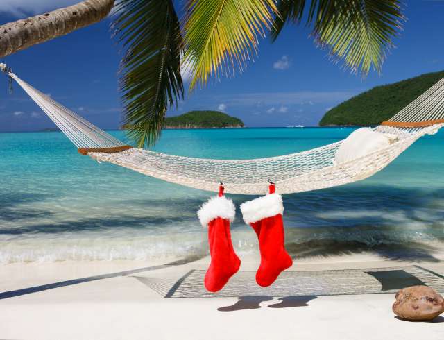 Christmas stocking on a hammock at the tropical Caribbean beach