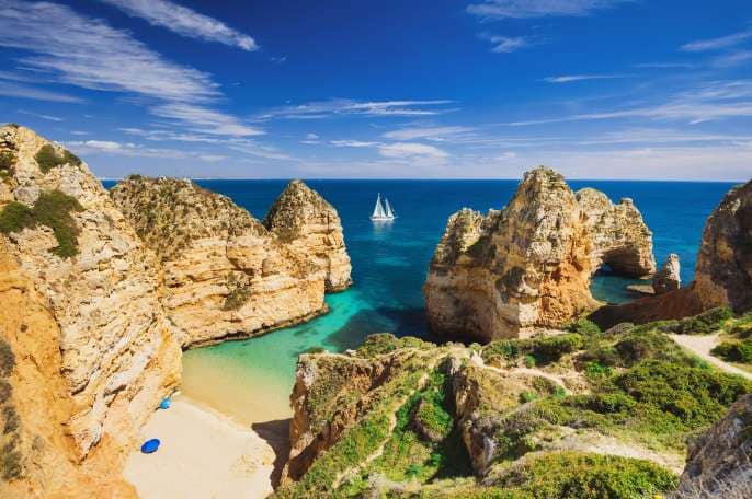 Beautiful bay near Lagos town, Algarve region, Portugal. Sandy beach. Portuguese landmark, popular travel destination