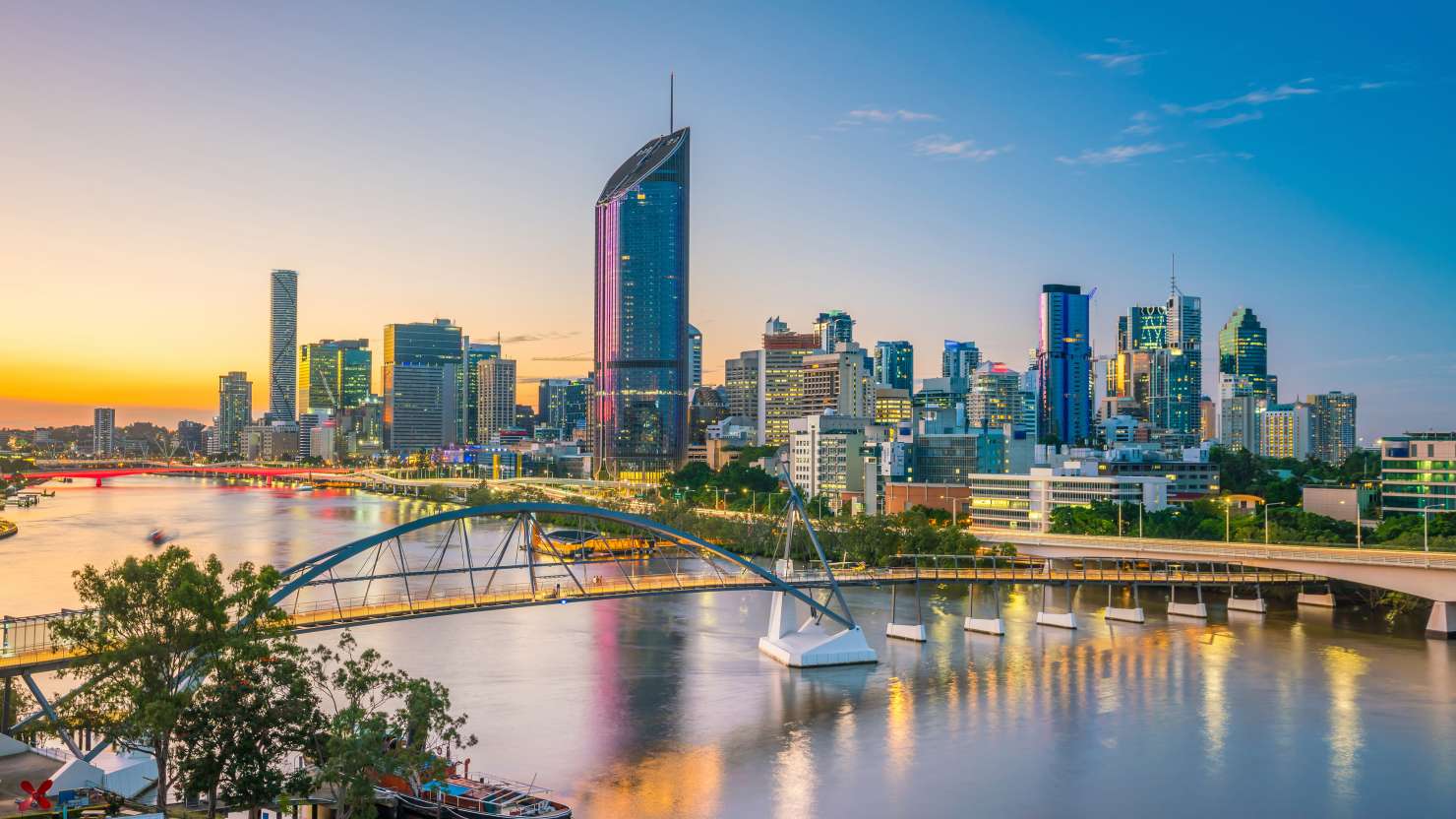 Brisbane Central Business District behind Goodwill Bridge in Brisbane, Australia